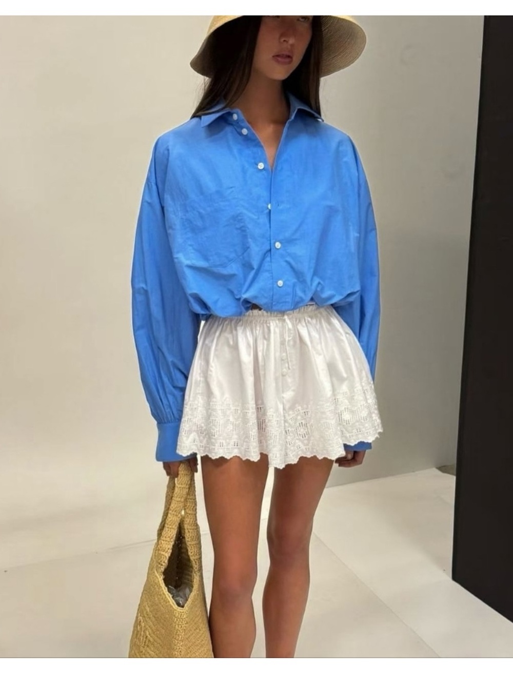 Helsa Blue Bubble Cropped Popplin Tech Top